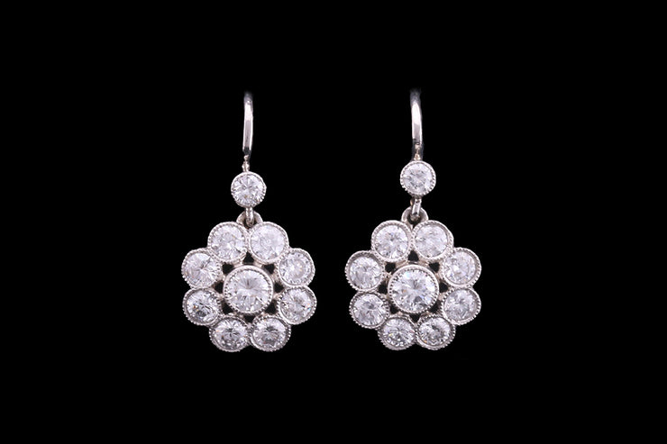 18ct White Gold and Yellow Gold Diamond Daisy Drop Earrings