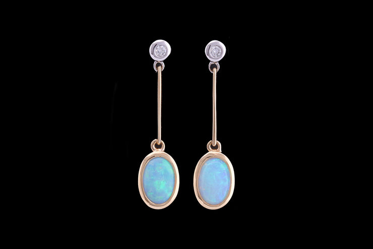 18ct Yellow Gold and White Gold Diamond and Opal Drop Earrings
