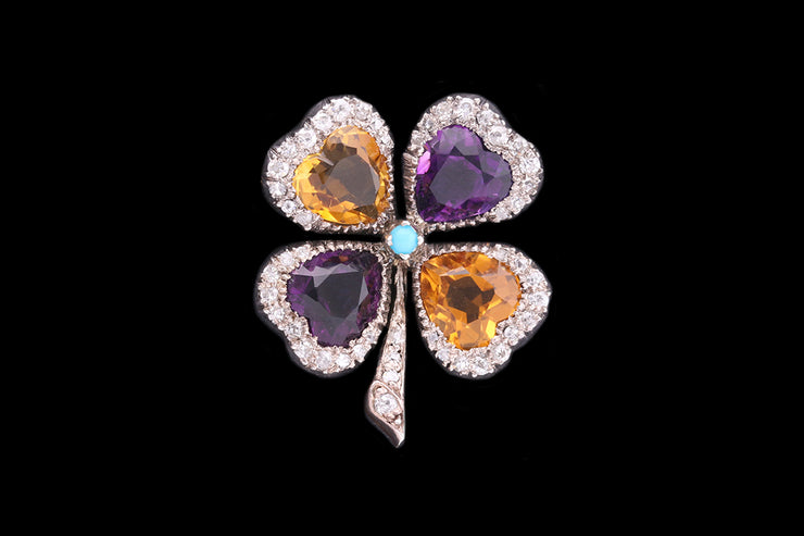 Victorian 18ct Yellow Gold and Silver Diamond, Amethyst, Citrine and Turquoise Four Leaf Clover Brooch