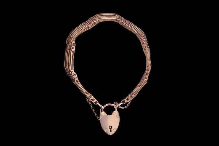 Edwardian 9ct Rose Gold Gate Bracelet with Heart Padlock