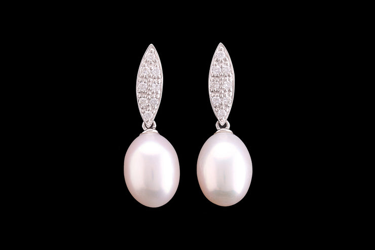 9ct White Gold Diamond and Freshwater Pearl Drop Earrings