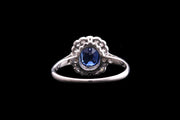 Platinum Diamond and Sapphire Cluster Ring with Diamond Shoulders