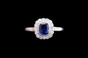Platinum Diamond and Sapphire Cluster Ring with Diamond Shoulders