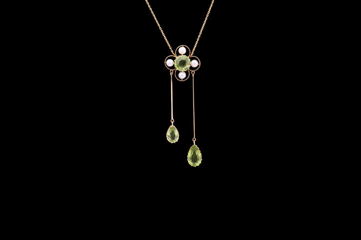 9ct Yellow Gold Peridot and Seed Pearl Floral Drop Pendant