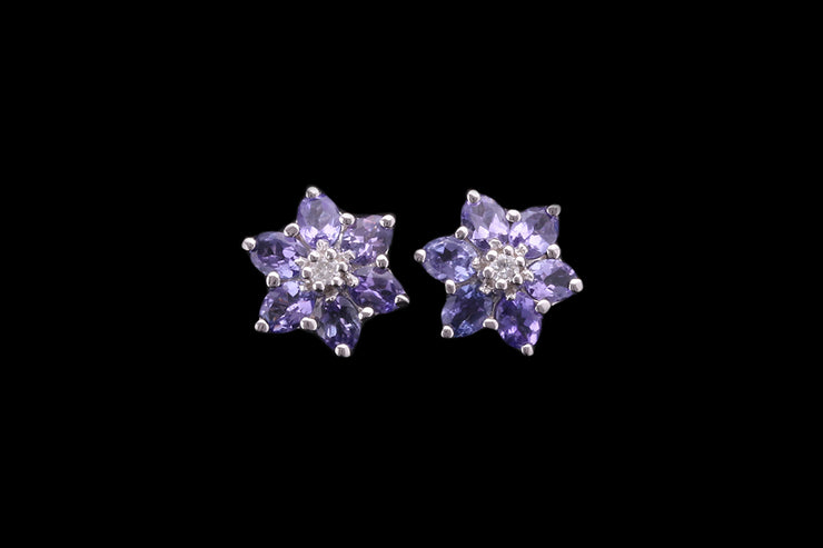 18ct White Gold Tanzanite and Diamond Flower Cluster Earrings