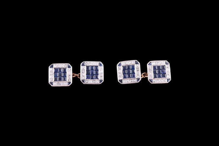 18ct Yellow Gold and White Gold Diamond and Sapphire Square Cufflinks