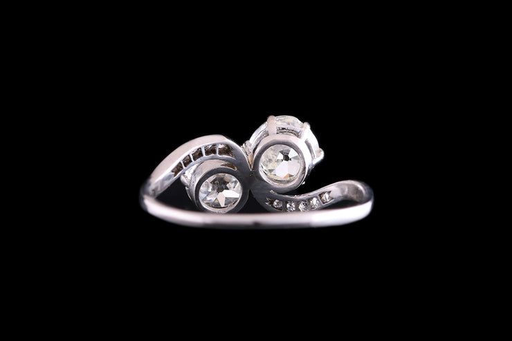 Edwardian Platinum Diamond Two Stone Twist Ring with Diamond Shoulders