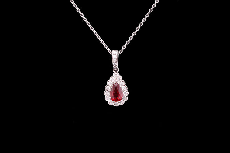 18ct White Gold Diamond and Ruby Pear Shape Cluster Pendant
