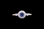 18ct Yellow Gold and White Gold Diamond and Sapphire Target Ring with Diamond Shoulders