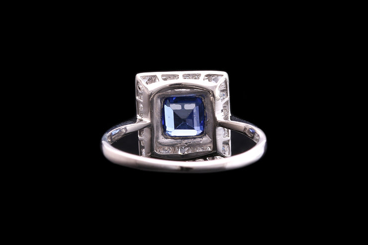 Art Deco Platinum Diamond and Sapphire Square Dress Ring