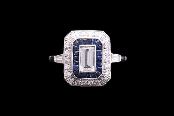 Platinum Diamond and Sapphire Rectangular Target Ring