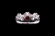 Platinum Diamond and Red Spinel Three Stone Ring