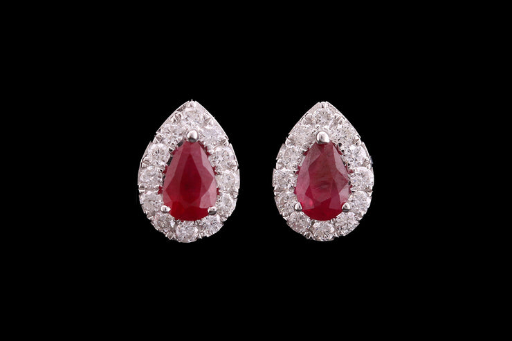18ct White Gold Diamond and Ruby Pear Cluster Stud Earrings