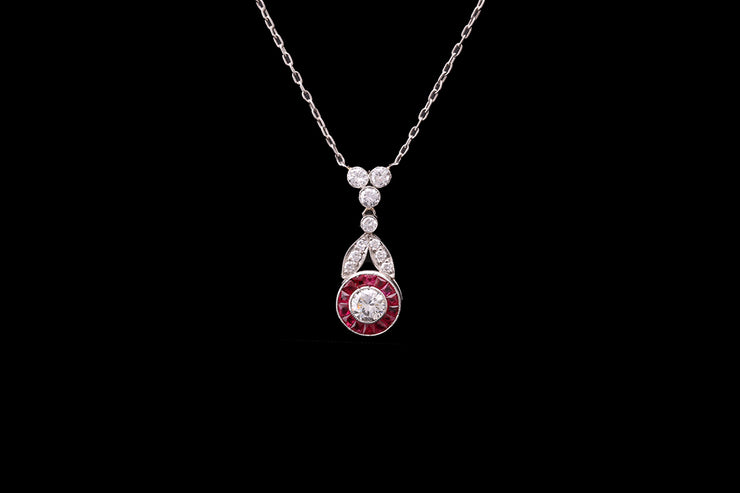 18ct White Gold Diamond and Ruby Decorative Drop Pendant