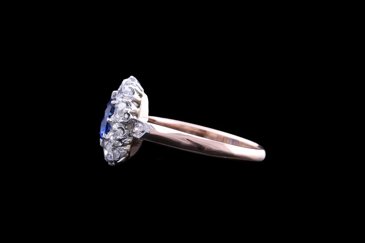 Victorian 18ct Yellow Gold and Platinum Diamond and Sapphire Cluster Ring with Diamond Shoulders