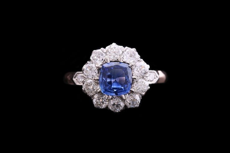 Victorian 18ct Yellow Gold and Platinum Diamond and Sapphire Cluster Ring with Diamond Shoulders