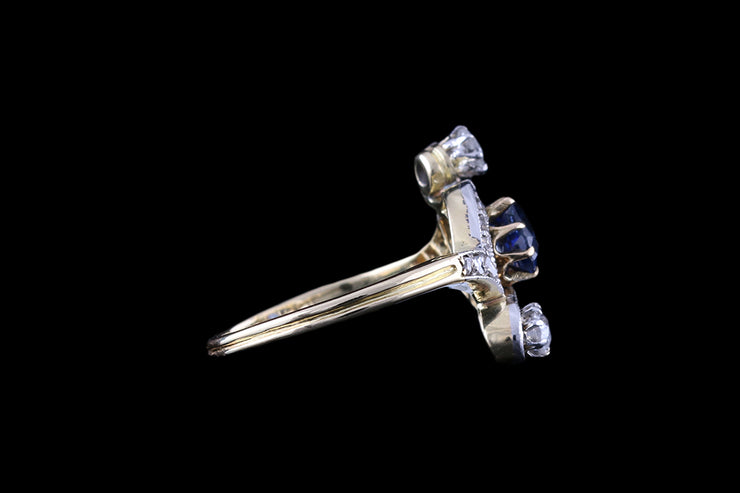 Art Nouveau 18ct Yellow Gold and Platinum Diamond and Sapphire Twist Dress Ring