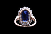 French 18ct Yellow Gold and Platinum Diamond and Sapphire Oval Cluster Ring with Diamond Shoulders