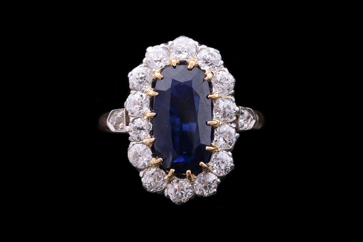 French 18ct Yellow Gold and Platinum Diamond and Sapphire Oval Cluster Ring with Diamond Shoulders
