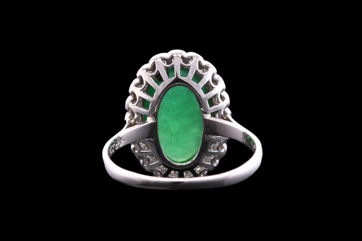 Art Deco Platinum Diamond and Jade Oval Cluster Ring
