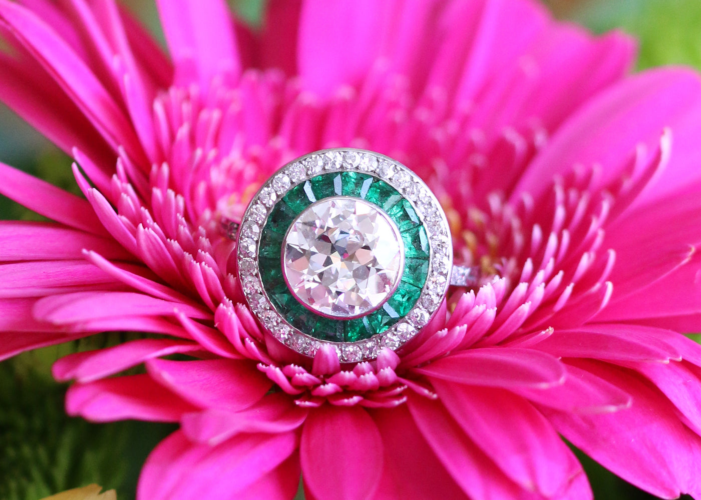 Latest Advert - French Platinum Diamond and Emerald Target Ring