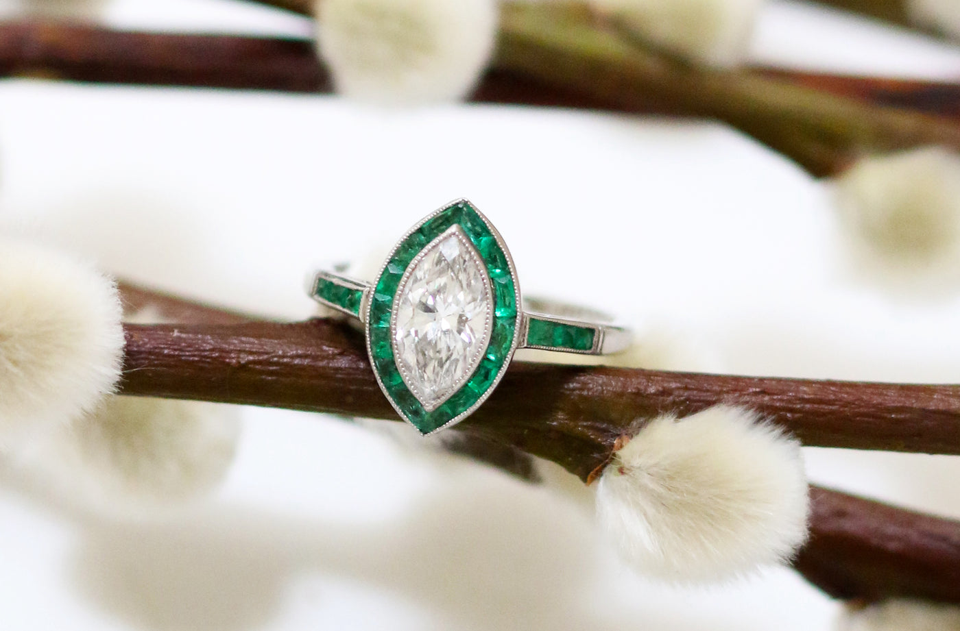 Latest Advert - Platinum Diamond and Emerald Marquise Dress Ring