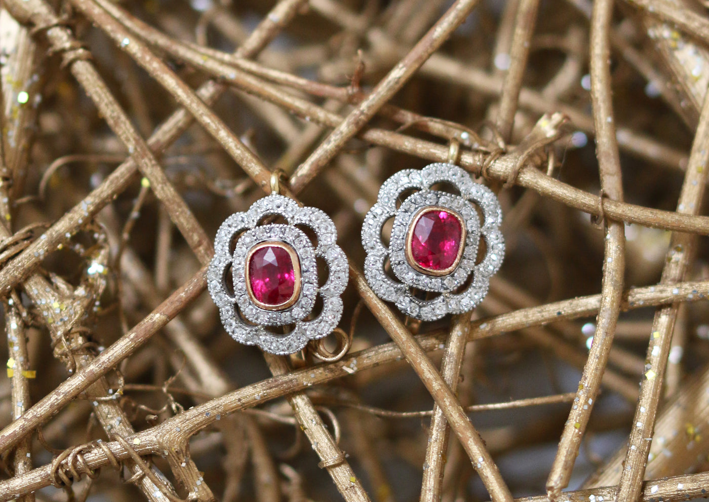 Latest Advert - 18ct Yellow Gold and White Gold Diamond and Ruby Drop Earrings