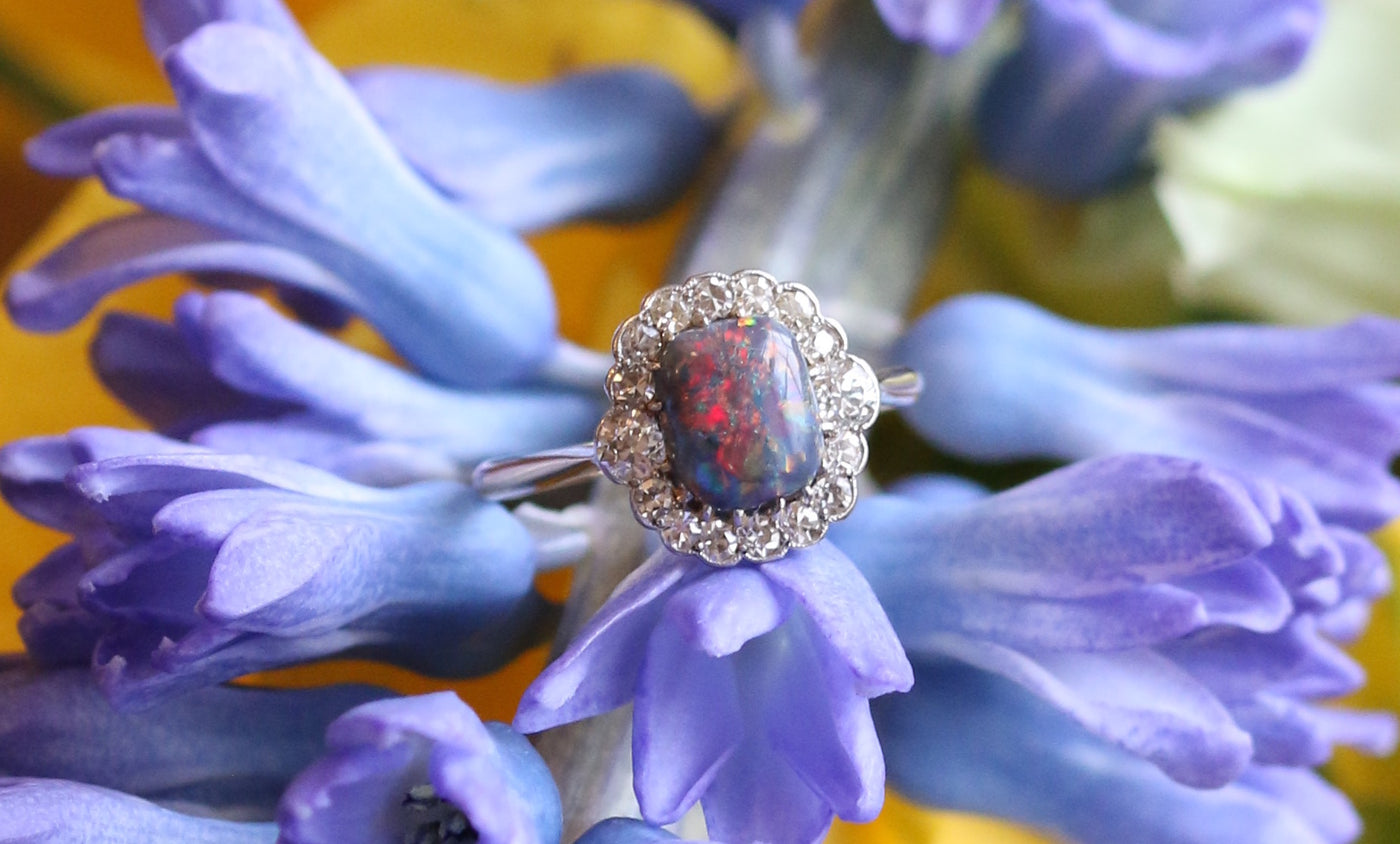 Latest Advert - 18ct Yellow Gold Diamond and Black Opal Cluster Ring
