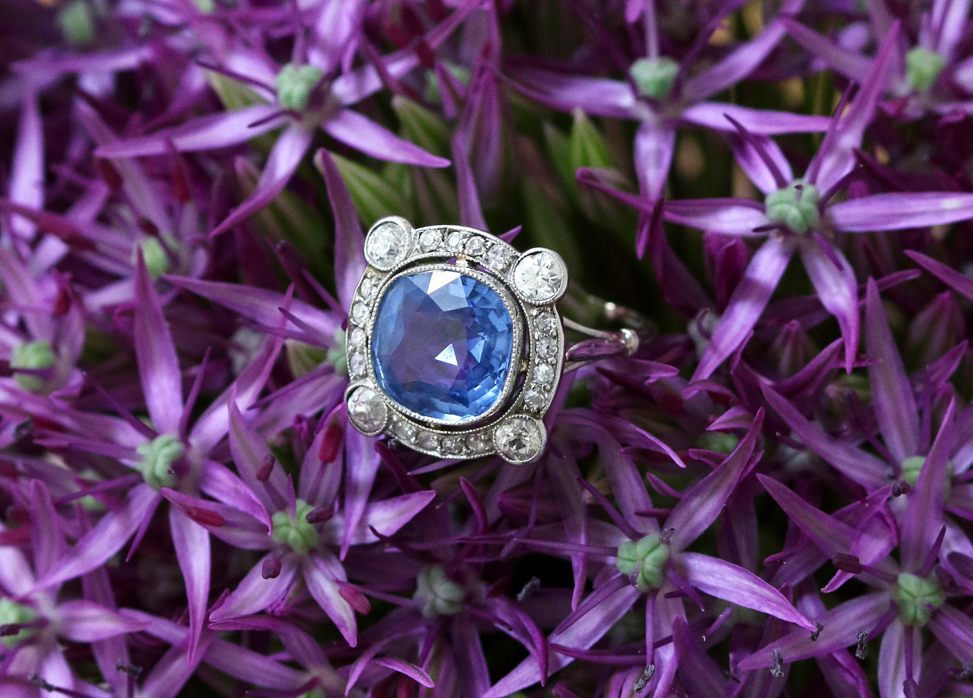 Latest Advert - Art Deco 18ct White Gold Diamond and Cornflower Sapphire Ring