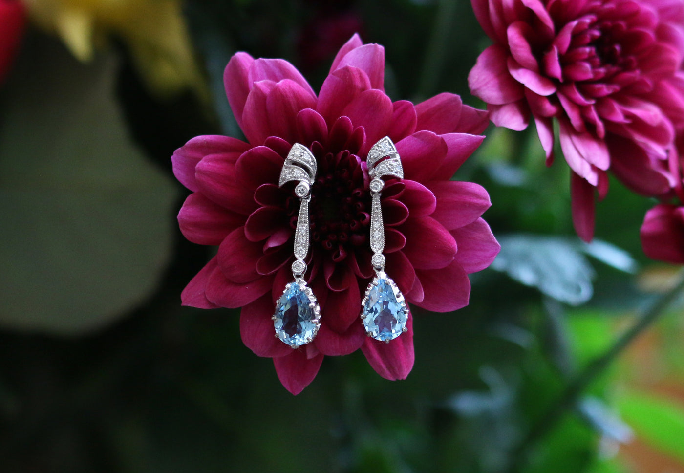 Latest Advert - 18ct White Gold Diamond and Aquamarine Drop Earrings