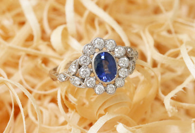 Latest Advert - Platinum Diamond and Sapphire Cluster Ring with Decorative Shoulders