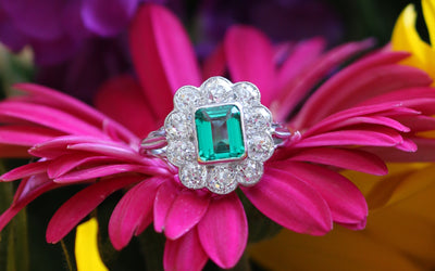 Latest Advert - Platinum Diamond and Colombian Emerald Cluster Ring