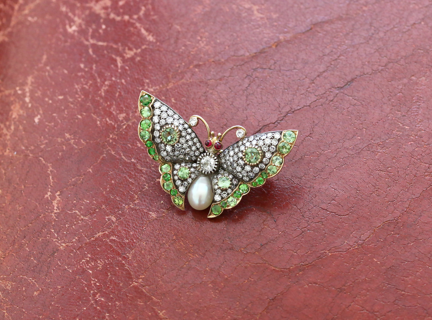 Latest Advert - Victorian 18ct Yellow Gold and Silver, Diamond, Demantoid Garnet, Pearl and Ruby Butterfly Brooch