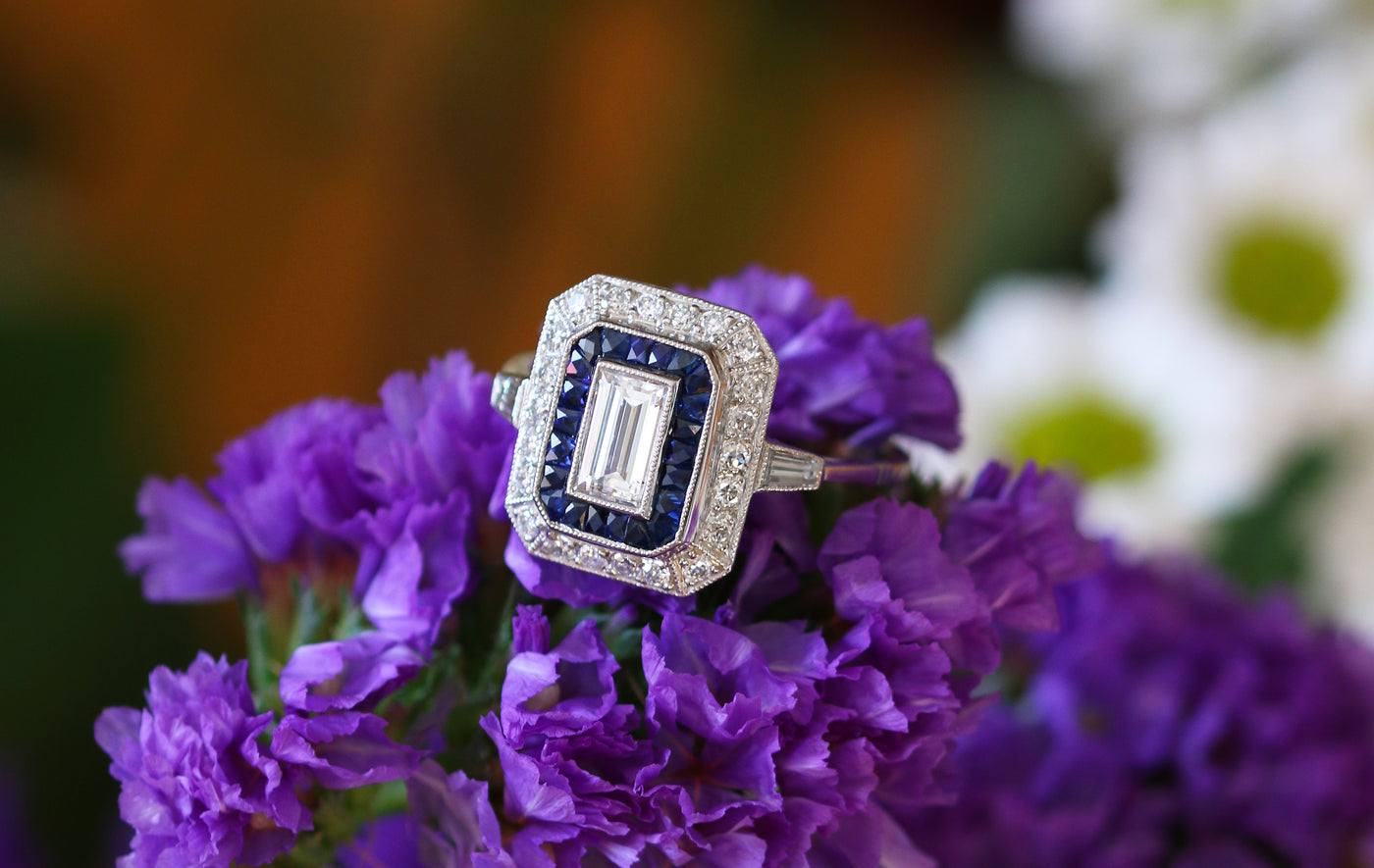 Latest Advert - Platinum Diamond and Sapphire Rectangular Target Ring