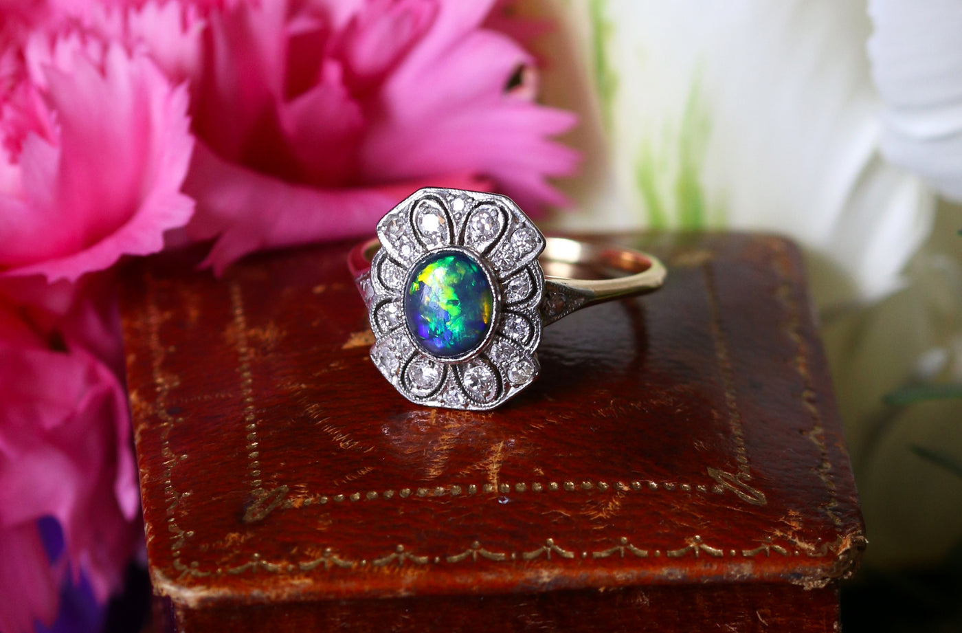 Latest Advert - 18ct Yellow Gold and Platinum Diamond and Black Opal Dress Ring