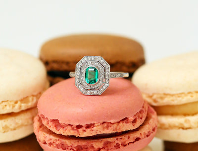 Latest Advert - Art Deco Platinum Diamond and Emerald Octagonal Double Row Dress Ring