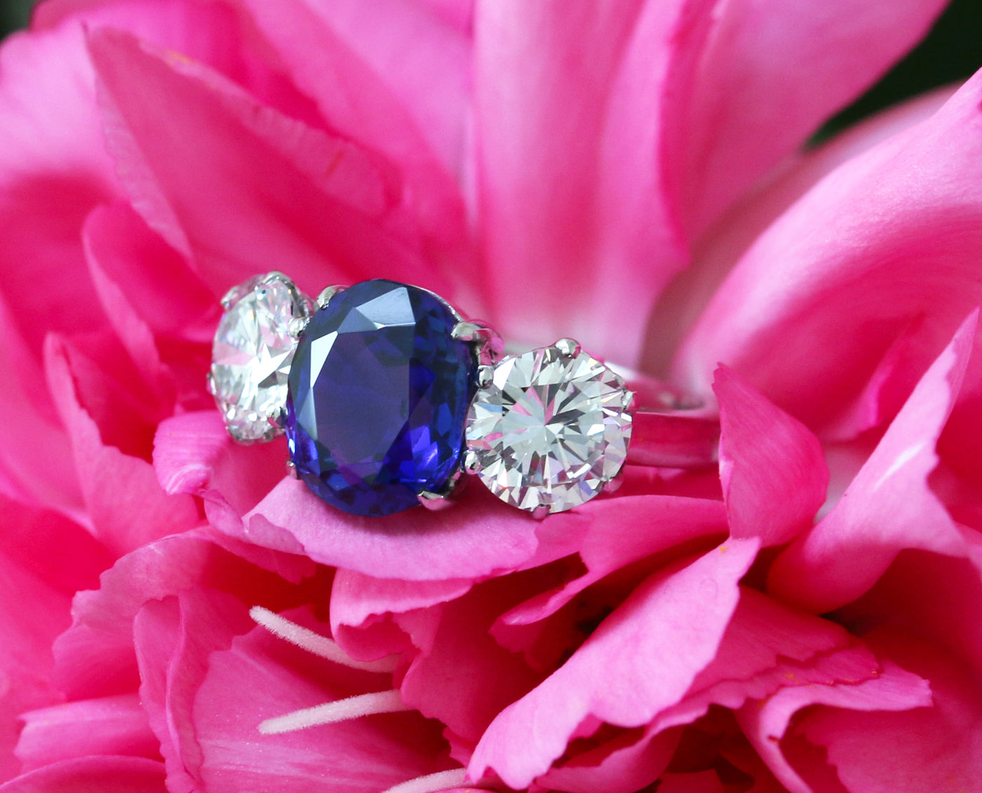Latest Advert - Platinum Diamond and Burma Sapphire Three Stone Ring