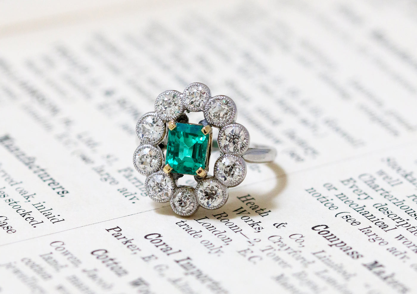 Latest Advert - French Edwardian Platinum and 18ct Yellow Gold Diamond and Colombian Emerald Dress Ring