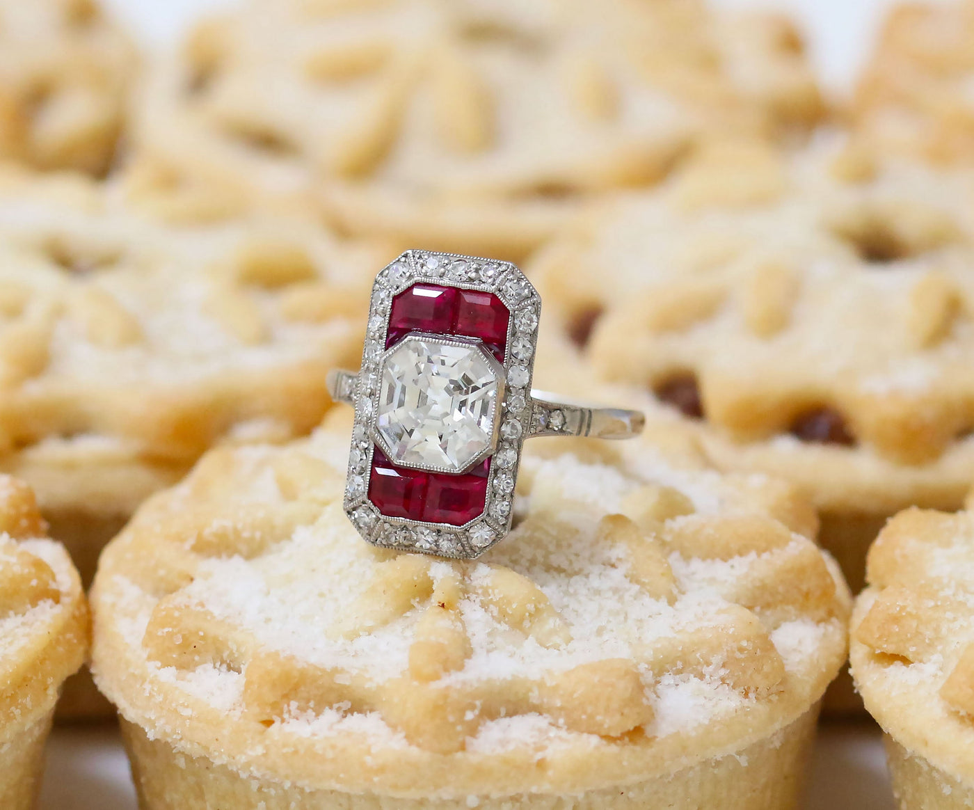 Latest Advert - Art Deco Platinum Diamond and Ruby Dress Ring with Diamond Shoulders