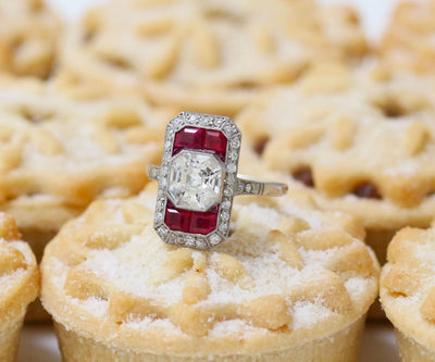 Latest Advert - Art Deco Platinum Diamond and Ruby Dress Ring with Diamond Shoulders