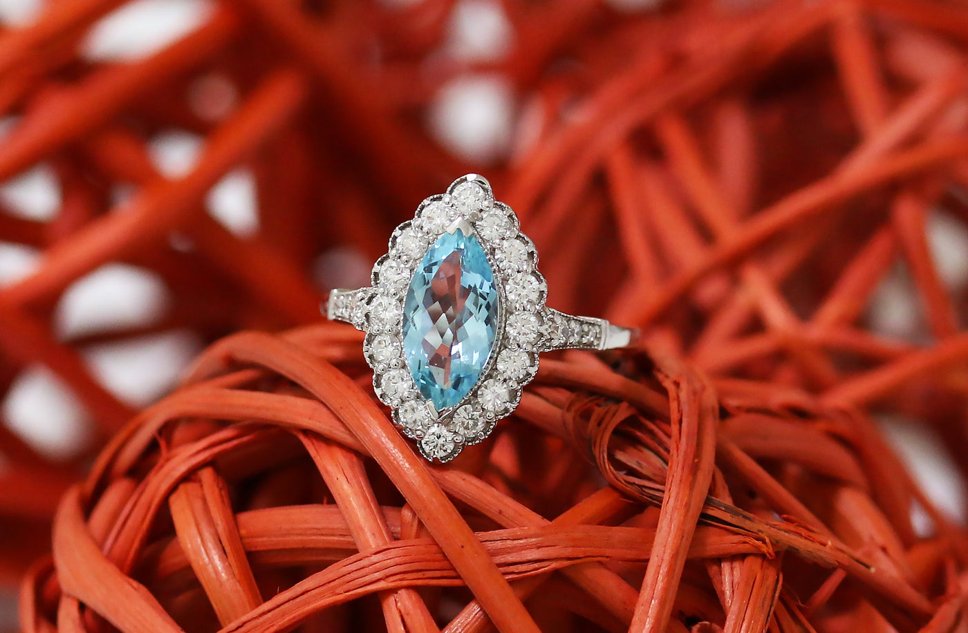 Latest Advert - 18ct White Gold Diamond and Aquamarine Marquise Cluster Ring with Diamond Shoulders