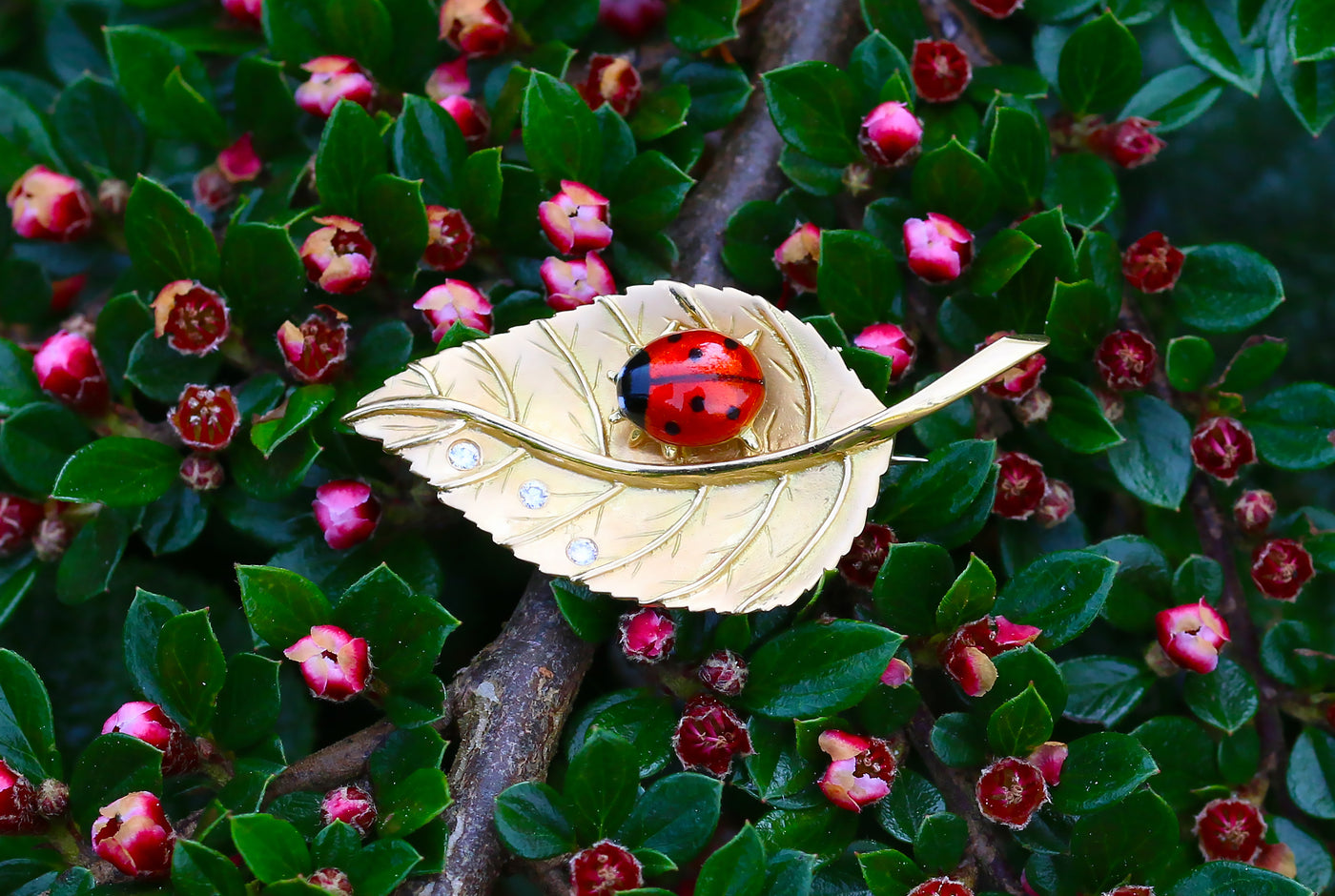 Latest Advert - 18ct Yellow Gold Diamond and Enamel Ladybird Leaf Brooch