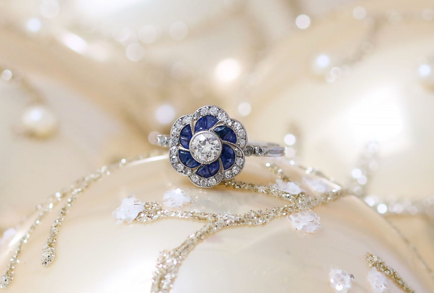 Latest Advert - Edwardian Platinum Diamond and Sapphire Flower Cluster Ring