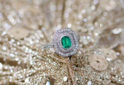 Latest Advert - Art Deco Platinum Diamond and Emerald Octagonal Double Row Dress Ring