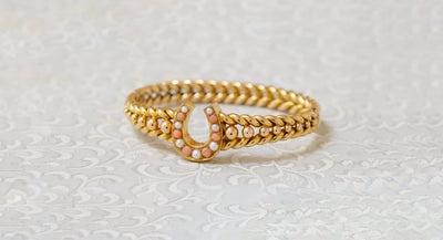 Latest Advert - Victorian 15ct Yellow Gold Coral & Pearl Horseshoe Bangle