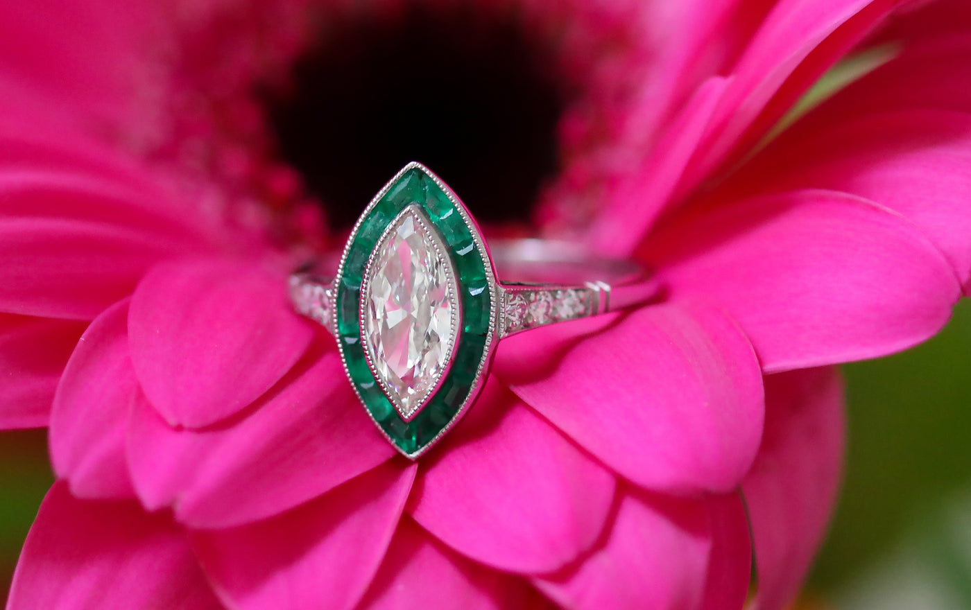 Latest Advert - Platinum Diamond and Emerald Marquise Dress Ring with Diamond Shoulders