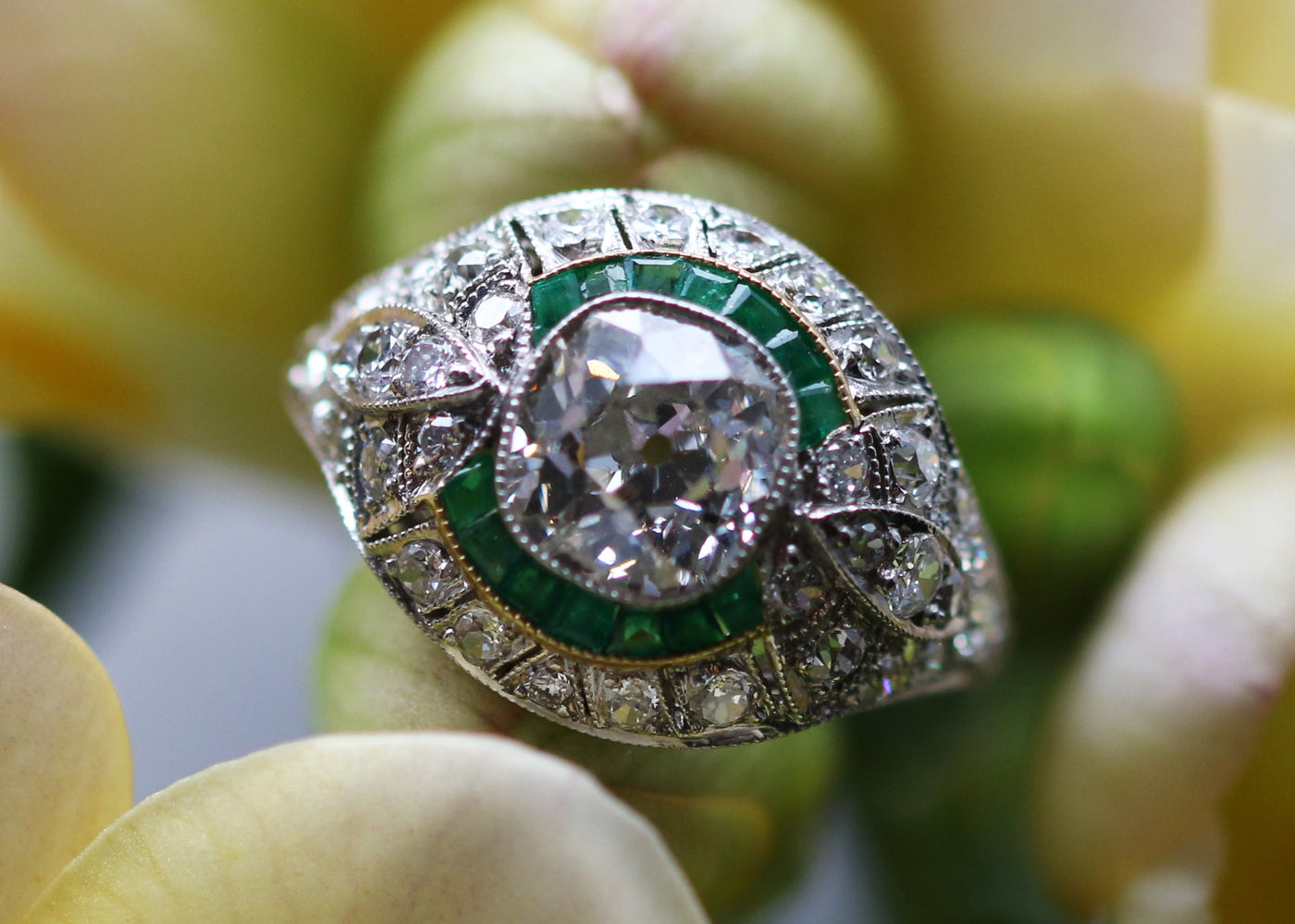 Latest Advert - Platinum Emerald and Diamond Bombe Ring