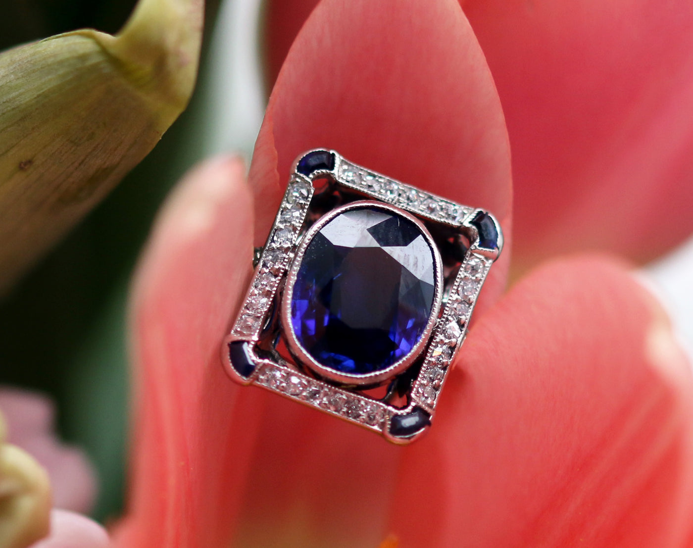 Latest Advert - Platinum Sapphire and Diamond Rectangular Tablet Dress Ring