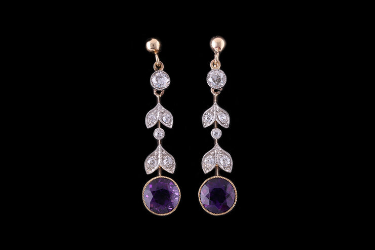 Edwardian 18ct Yellow Gold and Platinum set Amethyst and Diamond Drop Earrings