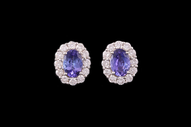18ct White Gold Diamond and Tanzanite Oval Cluster Stud Earrings
